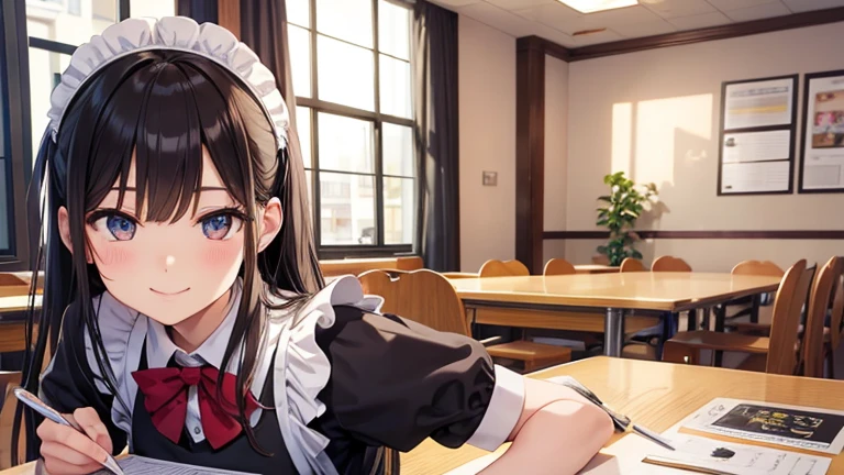 At the table in the maid cafe、Please draw an illustration of a smiling woman in a maid's uniform serving cake and tea.。Women want customers to have fun、We provide services with all our heart.。In the background、The antique-style interior and other guests enjoying themselves are depicted.。