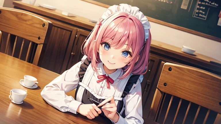 At the table in the maid cafe、Please draw an illustration of a smiling woman in a maid&#39;s uniform serving cake and tea.。Women want customers to have fun、We provide services with all our heart.。In the background、The antique-style interior and other guests enjoying themselves are depicted.。