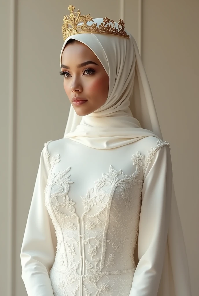Hijab wear minimalist flower. double layer hijab . minimalist lace wedding dress . Very gorgeous. Big breast. Tight dress. Minimalist gold crown.