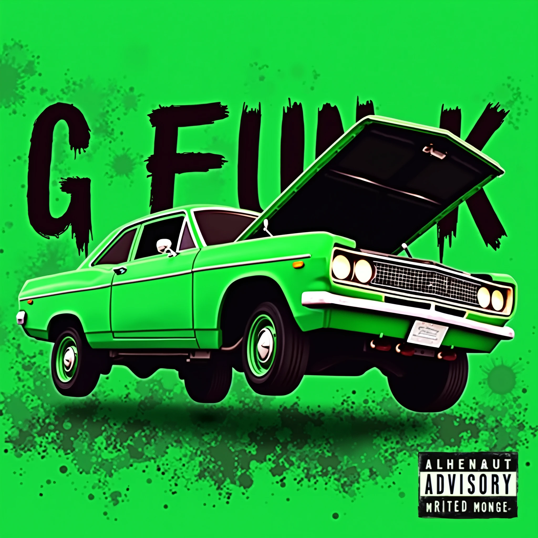colored album art, hip hop music album cover, rap album cover, green car, Write G FUNK, Write like you're spraying paint, Lift the front wheels of the car, running car\