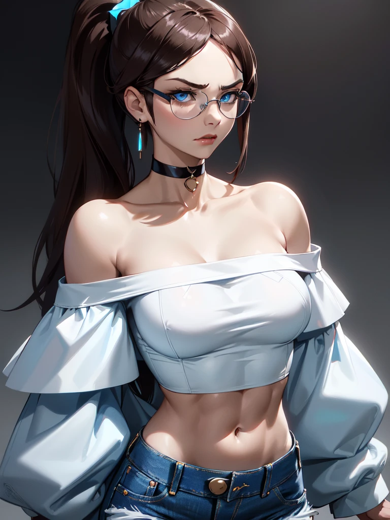 (((Portrait Photo))), She has the Appearance of a Regal and Elegant ager, with a Strong, Muscular Build that Commands Respect. She has Long, Straight Brown Hair Tied in a High, Oversized Ponytail, Keeping it Neat and Out of Her Face. Her Light Blue Eyes are Filled with Stormy Determination and a Hint of Fury, Giving Her a Fierce and Powerful Demeanor. Her Expression is Stern and Resolute, with a Tense Jaw and Piercing Gaze, Conveying a Sense of Heavenly Pride. (((Portrait Photo))),(((Dark Background))), (((Clear Glasses))), (((White, Off-the-Shoulder Blouse that Casually Reveals a Hint of Her Midriff))), (((High-Waisted Denim Shorts))), (((Black Choker Necklace)))