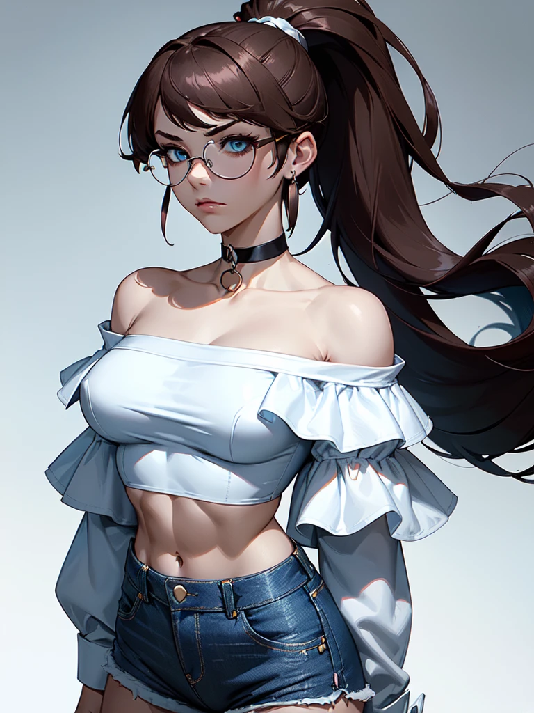 (((Portrait Photo))), She has the Appearance of a Regal and Elegant ager, with a Strong, Muscular Build that Commands Respect. She has Long, Straight Brown Hair Tied in a High, Oversized Ponytail, Keeping it Neat and Out of Her Face. Her Light Blue Eyes are Filled with Stormy Determination and a Hint of Fury, Giving Her a Fierce and Powerful Demeanor. Her Expression is Stern and Resolute, with a Tense Jaw and Piercing Gaze, Conveying a Sense of Heavenly Pride. (((Portrait Photo))),(((Dark Background))), (((Clear Glasses))), (((White, Off-the-Shoulder Blouse that Casually Reveals a Hint of Her Midriff))), (((High-Waisted Denim Shorts))), (((Black Choker Necklace)))