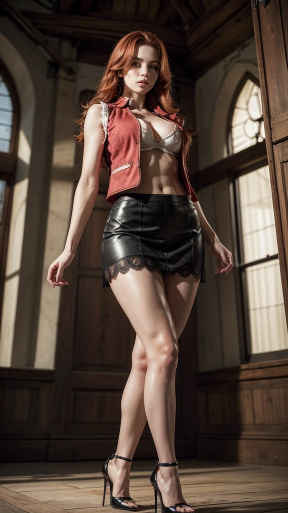 ((Full body photo)), ((realistic photo)), 1 girl, (vest: 1.2), 8k, High resolution, finely detailed skin, lingerie, huge breasts, lenore de castlevania, vampire, Red hair, Skirt, Session, toned legs, heels, Dominant, low angle, upSkirt, athletic, skinny, toned, smaller body, Thin waist, from below, crossed legs, Highly detailed and realistically proportioned legs, toned legs