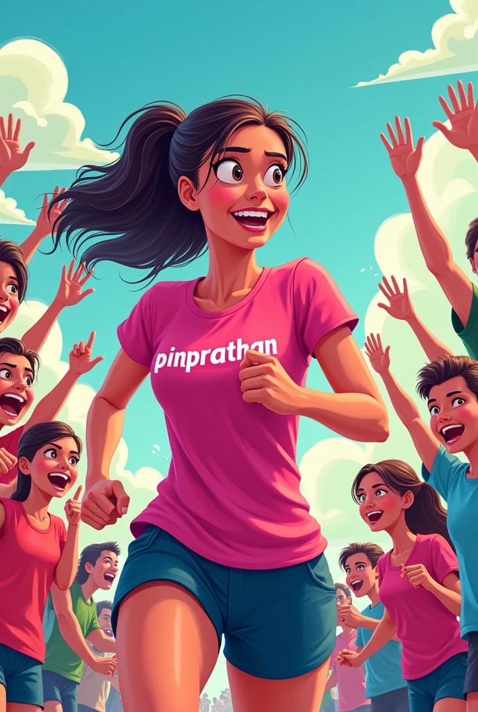 A cartoon of a female athlete wearing a pink shirt with the word "pinprathan" on it, surrounded by cheering fans.