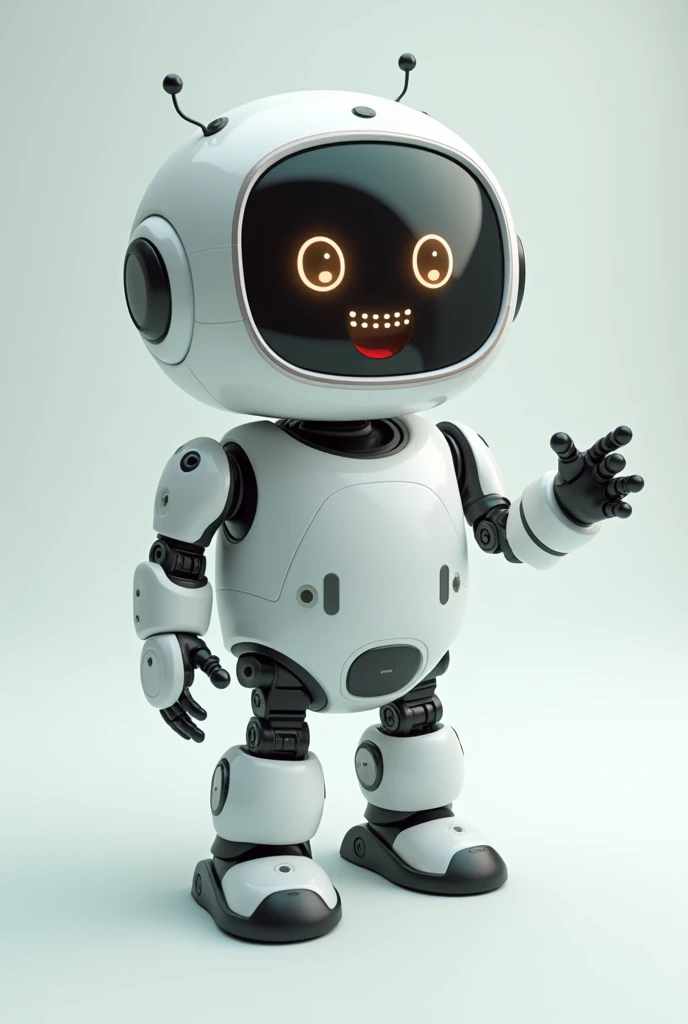 A friendly robot with a digital screen for a face, displaying an enthusiastic expression. The robot points his hands fingers to right. The background is blank.