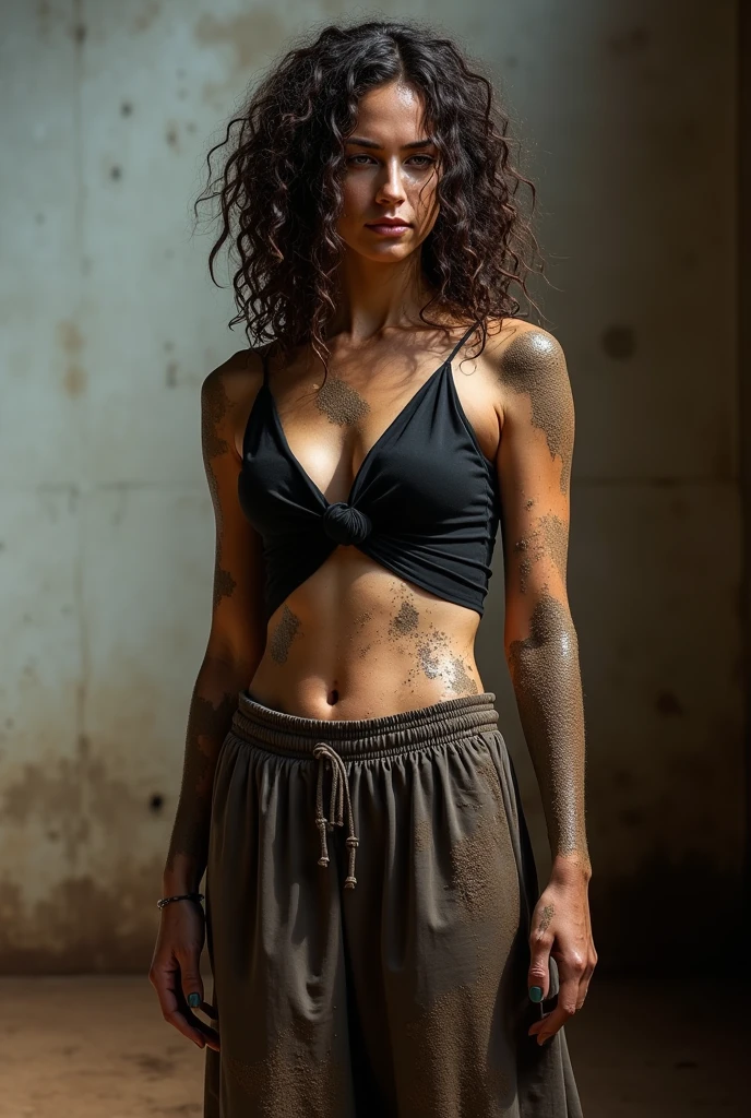 A photograph capturing a woman standing in a dramatic, intense pose, slightly to the right of the camera's perspective. The woman is covered in mud, giving her a glossy, wet appearance. Her wet, curly hair is damp and clings to her face and body, with strands falling around her head, partially obscuring it. She is wearing a black sleeveless top that is knotted at the front, exposing her midriff, and a dark gray skirt with a drawstring waistband. Her body is covered in mud, which appears both dark brown and light brown, creating varying textures and patterns across her skin and clothing. The woman's expression is focused and intense, with her face turned slightly downward and to the left. Her right arm is extended forward with her hand partially visible, while her left arm is bent at the elbow. The lighting is bright and artificial, highlighting the texture of the mud on her skin and clothing, casting soft shadows that accentuate her form. The background is plain and out of focus, consisting of a light-colored wall on the left side and a darker structure on the right, which contrasts with the subject and emphasizes her figure. The overall mood of the image is intense and dramatic, with a balanced exposure and neutral white balance. The composition is centered, with the subject occupying most of the frame, creating a powerful visual impact that draws attention to the subject's form and the textures of the mud.