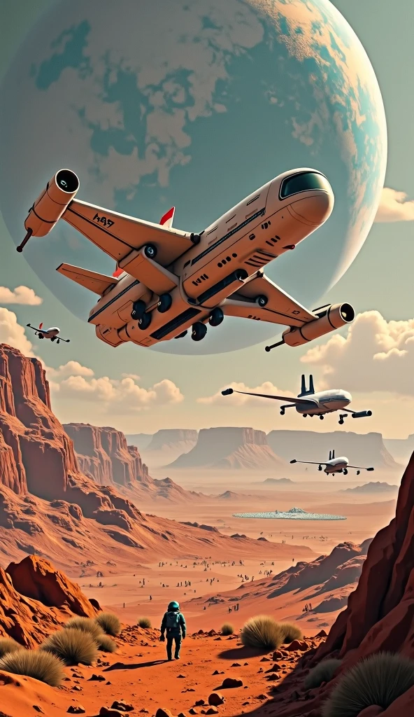 "A dynamic and futuristic depiction of a spaceport with various spacecraft taking off and landing. The scene is set on Mars, featuring a bustling colony with humans and robots. The background shows a distant Earth visible in the Martian sky, emphasizing the connection between the two planets."