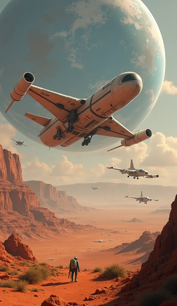 "A dynamic and futuristic depiction of a spaceport with various spacecraft taking off and landing. The scene is set on Mars, featuring a bustling colony with humans and robots. The background shows a distant Earth visible in the Martian sky, emphasizing the connection between the two planets."