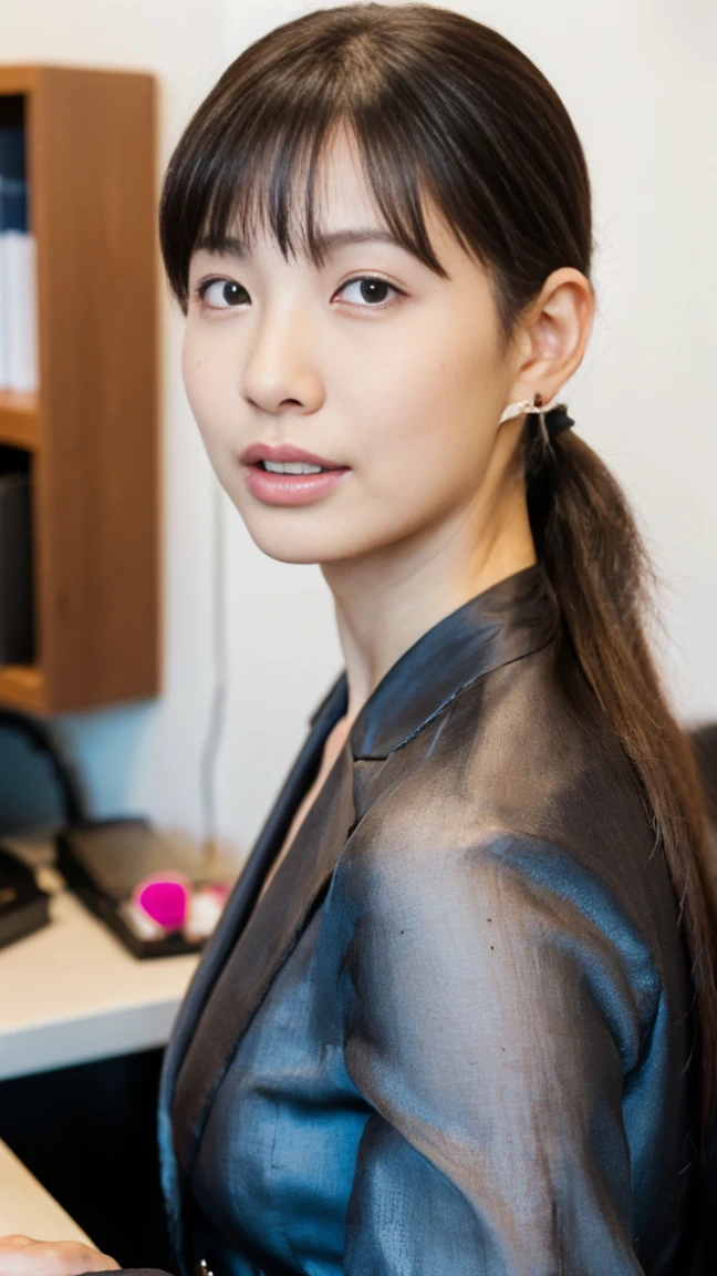 (top-quality, 16K, masterpiece:1.3), (ultra detailed), (masterpiece), (best quality), Highest quality, Realistic, Surreal, Highest quality, Extremely detailed CG, Very delicate, 16K wallpaper, High resolution, BREAK ((Silky hair)), ((medium Hair:1.5)), ((high ponytail:1.5)), (hime style:1.2), (hime cut:1.2), ((asymmetrical bangs)), (a woman in a management position at a prestigious company), ((solo)), ((8 heads tall)), ((38歳)), BREAK ((upper body:1.4)), ((look into the viewer's eyes:1.5)), ((looking at viewer:1.5)), ((Front view:1.5)), ((from front:1.5)), BREAK ((mole, beauty mark:1.3)), short arms, ((small eyes)), fleeting atmosphere, ((thin eyebrows:1.4)), ((thin lips:1.5)), (embarrassed, blush), ((orgasm:1.4)), ((ecstasy:1.5)), (slut:1.2), (fucked silly:1.2), BREAK (very beautiful woman), ((UNTITLED business suit:1.5)), ((Very simple necklace)), ((earrings)), ((With a large window Japanese office)), ((Working at desk:1.4)), Japanese, slender body, very detailed, detailed fingers, detailed hands, detailed eyes, detailed legs, accurate and perfect human anatomy, real human skin,