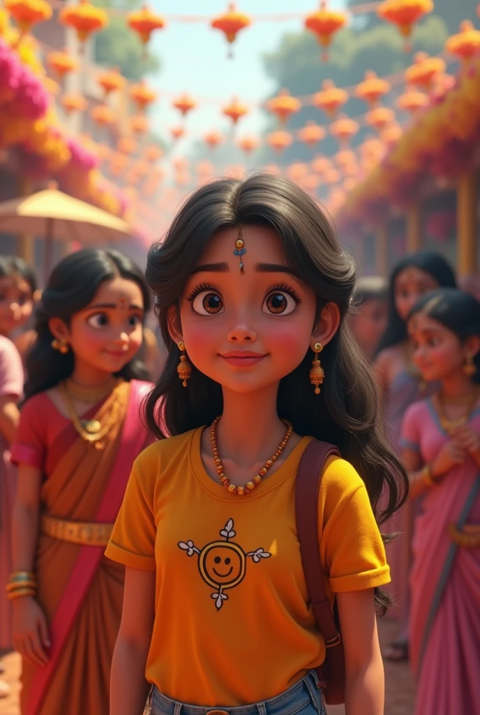 A animation A 20 year old girl bring tshirt name komal and smile logo with 20 year old boy and Radha Krishna with blessings boys celebration environment and happy people celebrate krishna janmashtami vrindavan and god god place and beautiful