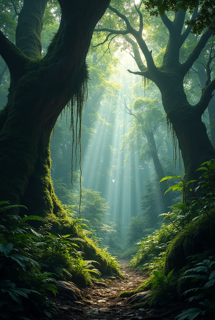 A dense, dark jungle with towering trees and thick undergrowth.