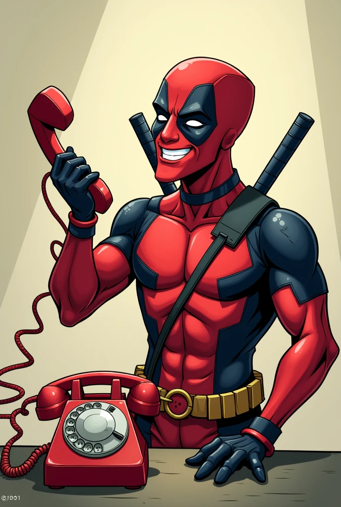Cute Deadpool holding a telephone