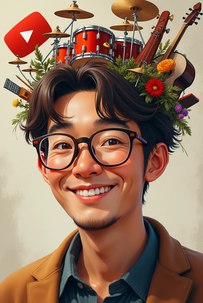 ((Highest quality)), ((masterpiece)), (detailed), One man,Brown Hair,round face,youtuber,Japanese,Glasses,mash,middle aged,YouTube mark on background,beatbox,Musical instruments growing out of his head