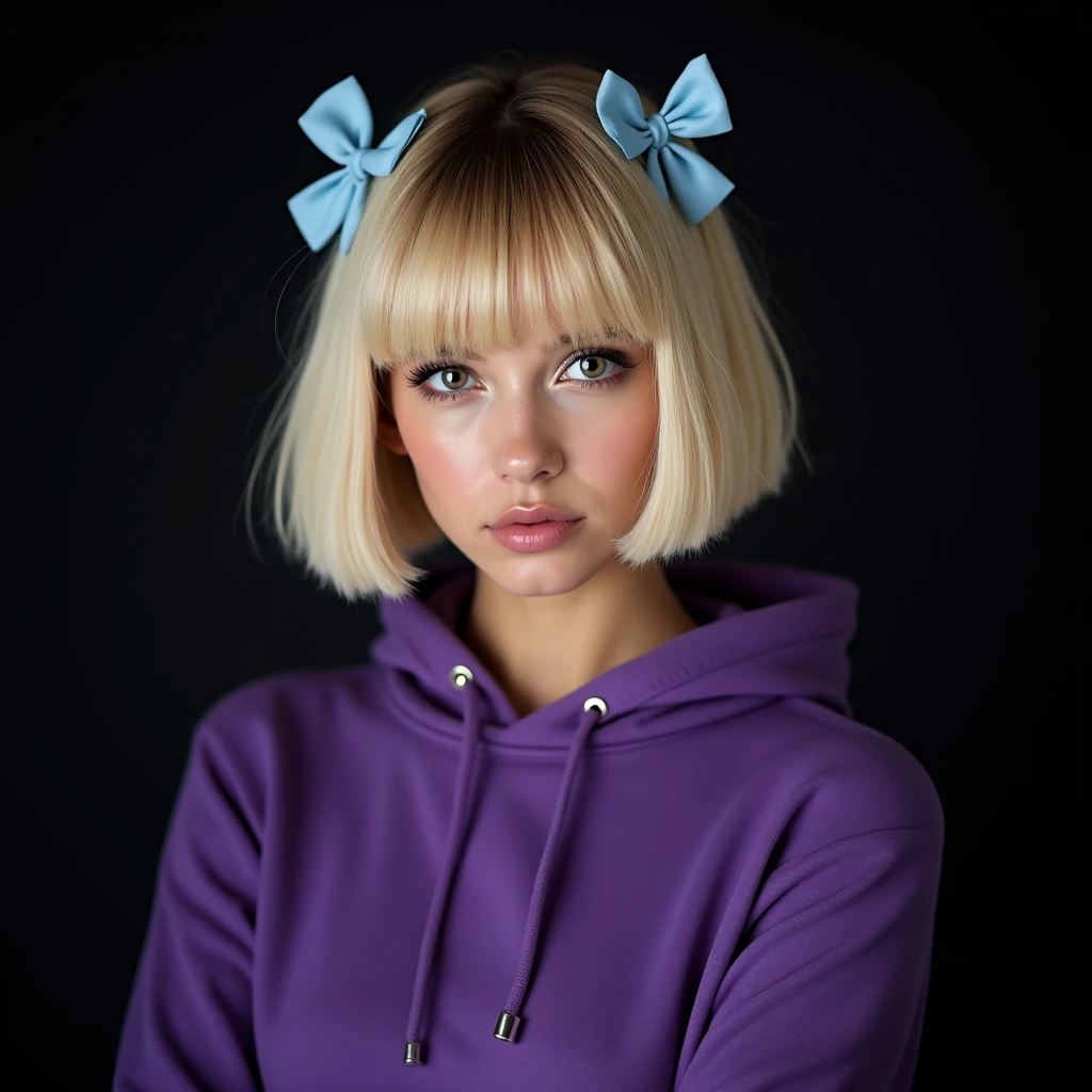 naughty sexy fashion girl with her face straight at the viewer, professional shot, portrait photography, studio light from above and backlight from behind the head, cutie (Sharp Focus:1.3), very detailed, beautiful detailed face, blonde, square hairstyle, There are two small blue bows on her head, beautiful eyes, --Detailing, whole body, a lot of femininity,Purple hoodie, Tempting, Dazzling, Black background