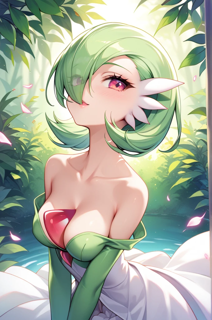 High-resolution digital illustration of Gardevoir, a Psychic-type Pokémon, in anime style. Portrait view with the following details:

Large, expressive red eye with white sclera, partially visible through hair
Pale green 'hair' sweeping across half the face
Light grey skin tone on the visible part of the face
Small, pink mouth with a subtle, enigmatic expression
Slender green arm raised in a graceful, thoughtful pose

Body features:

Upper torso visible, showcasing the red, fin-like chest protrusion
Elegant, long neck
Shoulders and upper arms in light green, resembling a flowing gown

Background:

Out-of-focus green foliage, creating a sense of a lush environment
Soft, dreamy atmosphere with subtle light effects

Art style:

Clean, crisp lines characteristic of anime
Flat color application with minimal, strategic shading
Vibrant, harmonious green color palette

Composition:

Character positioned slightly off-center, to the right
Angled pose to convey grace and mystery

Mood:

Serene and introspective ambiance
Subtle hints at Gardevoir's psychic abilities

Technical aspects:

High definition rendering
Sharp focus on Gardevoir, gradual blur on background elements
Smooth color transitions and subtle highlights for depth