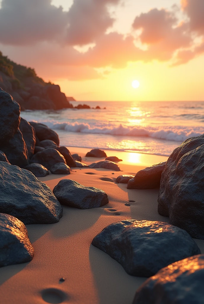 (photorealism: 1.2), photorealistic of a beach with lots of rocks at sunset