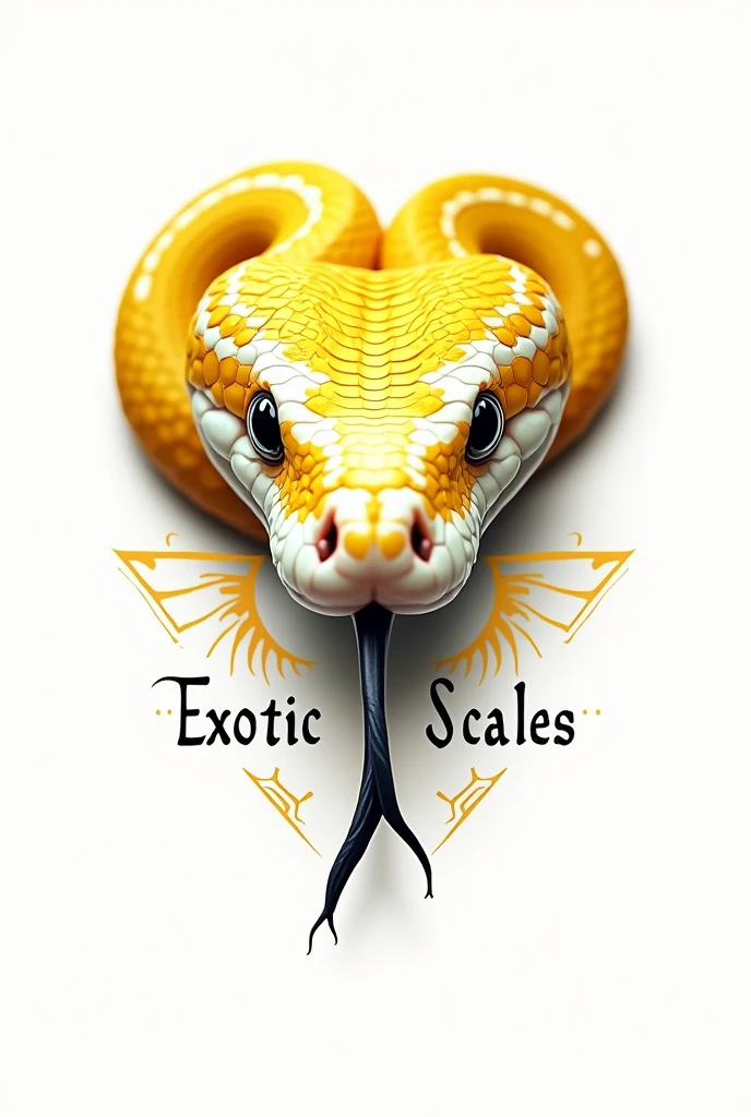 Create a white background logo for a snake farm using the real face of a yellow and white python with the basic elements of a python's face looking at the horizon, The logo must have bright colors and an allusion to Freemasonry. The python snake must be characteristic and below the logo put the name. " Exotic scales" Keep symmetry and variation of elements for an attractive logo