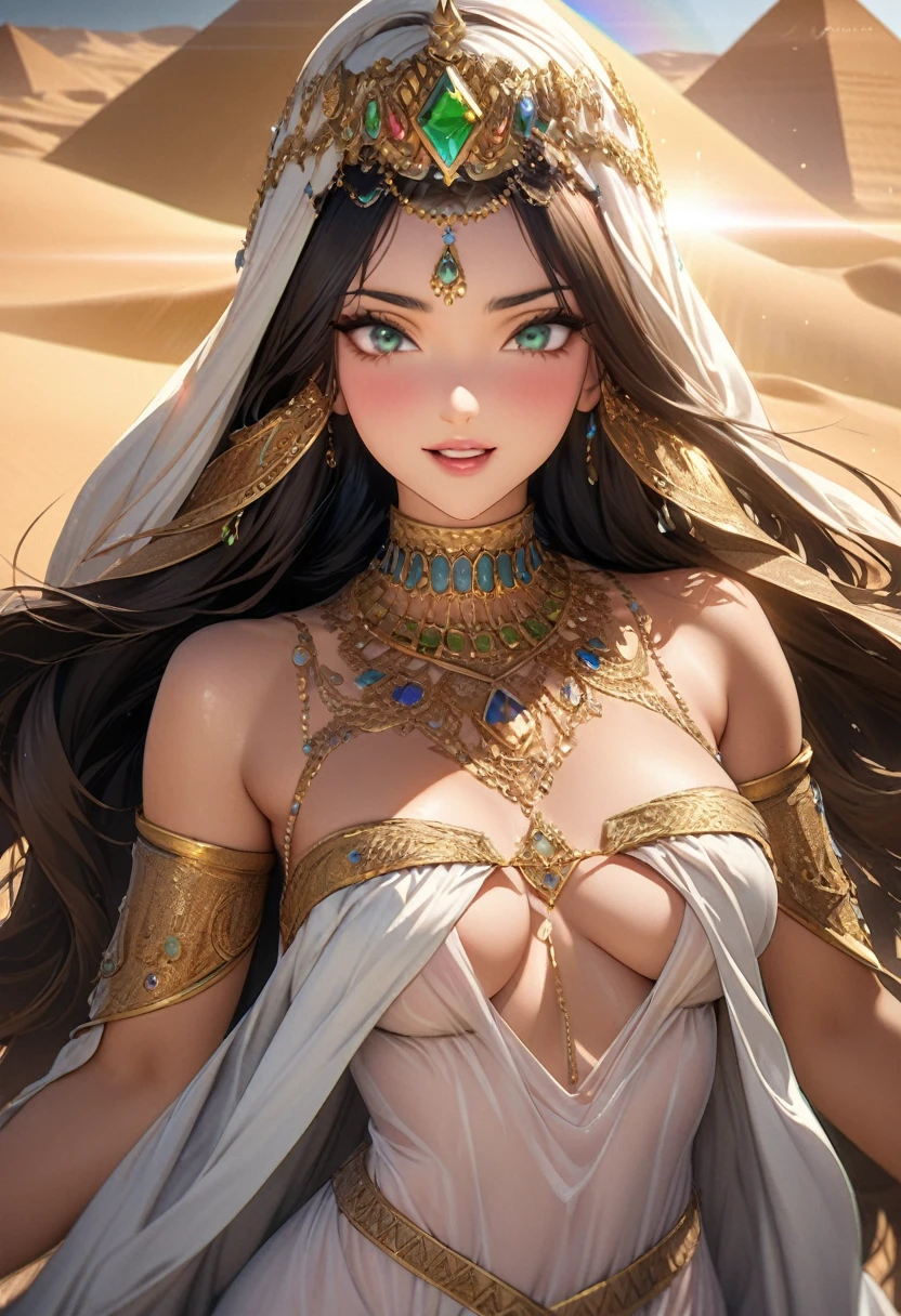 Highest quality, Highest quality, 16K, software, Unbelievably absurd, Very detailed, delicate and dynamic, Natural light, The particles reflect the colors of the rainbow, Diffuse reflection of light, Vortex of Light, There are many sandstorms, Beautiful desert, Shining Sun, Sand Dunes, Create amazing image effects, Upper body close-up, pyramid, (cute, Firm chest, Sensual expression, Passionate, Hilarious, Vibrant, Arab royalty, Arabian Princess, Arabian Long Dress, Gorgeous Dress, Lavish Decoration, Leading an Army, )