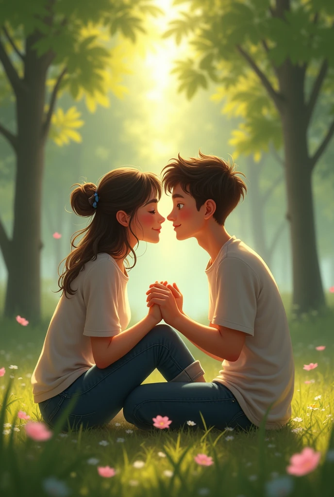 A young man and girl are sitting in a park holding each other's hands and