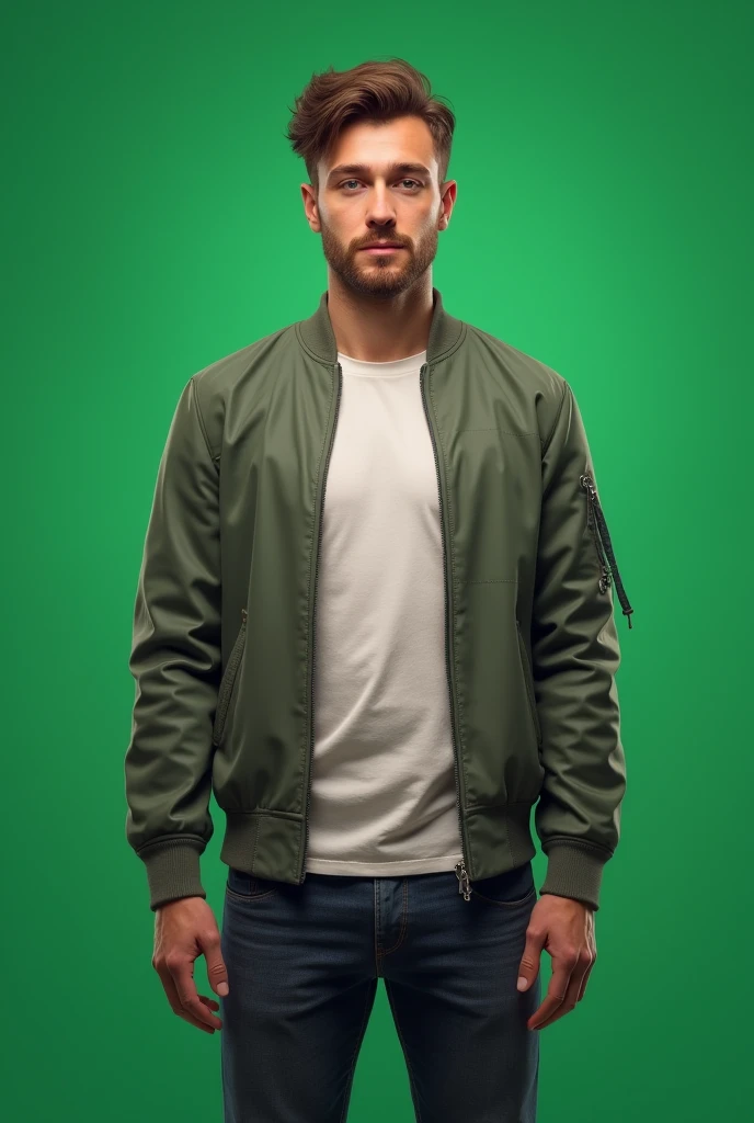 A 20 years old boy with Little beared image with his stomach. Wearing modern outfit. Image must be realistic. Background in in green screen. Stand in straight position and whole face is clearly visible.