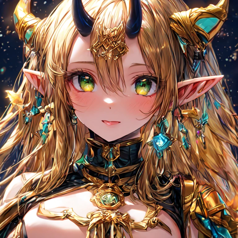 Beautiful elf lolka with two small horns, long golden hair, and green eyes, medium chest, and UHD staff, textured skin, super detail, high details, high quality,