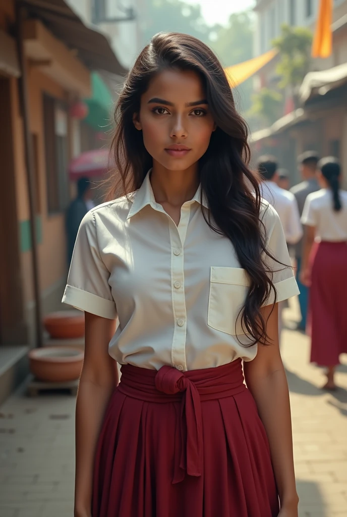 Beautiful White Indian girl in indian school uniform, realistic photo, large breasts , standing and looking back, indian street, detailed hands and face and eyes, looking away, full body, full body shot, 16k UHD