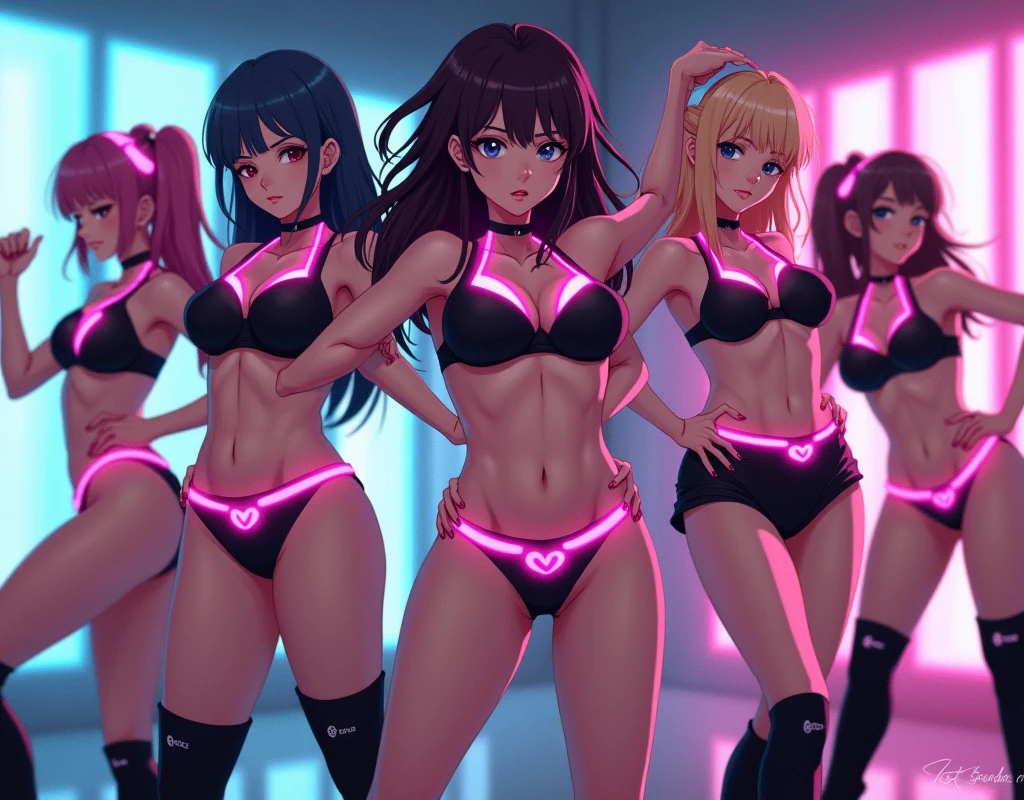 masterpiece, best quality, (3 girls:1.5), nice hips, slut, slutty bimbo clothes, medium breasts, smile, slut, young girl, bratty girl, wide hips, (white crop top), (white shorts), midriff, hip sway, slutty dancing, (nightclub), neon lights, many male, surrounded by men, multiple men, thong, (nightclub:1.5), neon lights, detailed eyes, pink and white outfits, blonde, 