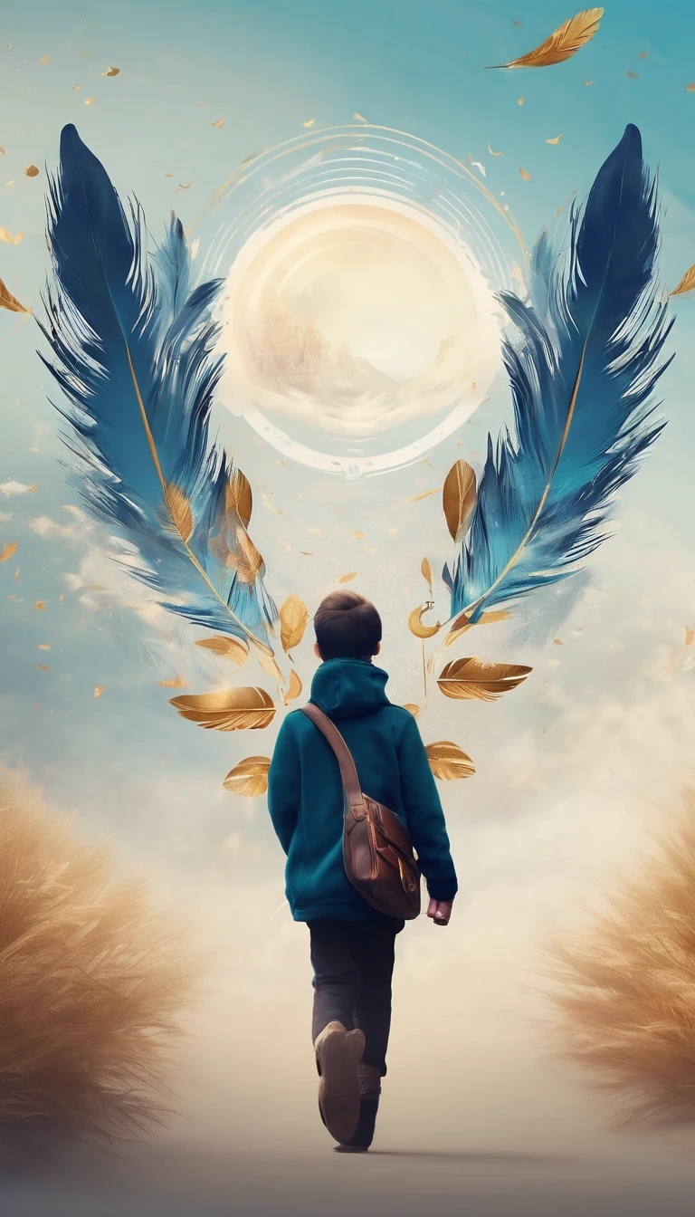 Create a professional, fantastic, cinematic dream-like logo design for a brand about music, stories, fantasy, memories and dreams called " Penamemoria". Masterpiece, 4k, sharp focus, highest quality,wide shot. The title is " Penamemoria". Is a brand about the creative, unique creative journey of a boy and a feather of memories. Minimalistic, simple, poetic, dreamy logo design at the center of the image. The Background image is a world full of feathers, unique birds, light blue sky, soft white and golden. Logo design of a unique, creative, masterpiece feather of memories