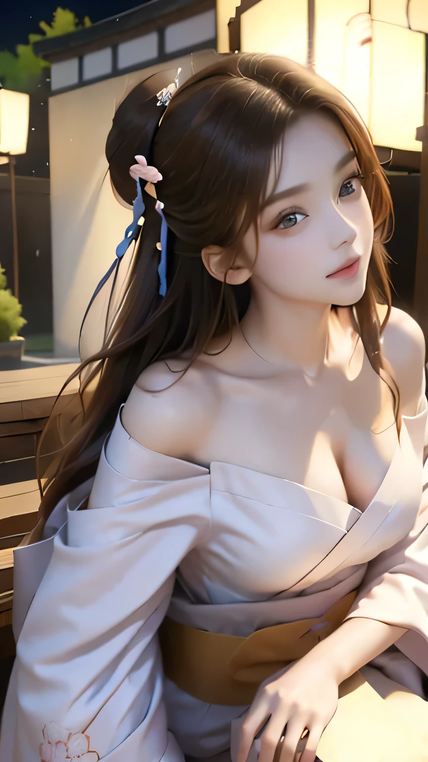 Non-NSFW、Real、(Highest quality), (masterpiece)、Ultra-high resolution、RAW Photos, (upper body), (Night festival:1.5), Fantasy、Looking into the camera、alone、(geisha:1.1), Beautiful Spirit、Super Beauty, (Mature:1.2), (20years-old:1.2)、Moisturized Skin、Perfect model body、Beautiful Eyes、Big eyes, (brown eyes:1.2)、Inconspicuous tear bags、(slim:1.2)、Beautiful fingers、Very long hair、highly saturated photos, clavicle, Splash, attractive,skinny, (smile:1.1), no_panties, (Large Breasts:1.2), Nipples, (brown hair), (Waist-length hair:1.5), Small Ass, lips, (Off-the-shoulder yukata:1.6),(Flashy yukata:1.2),(flashy obi:1.2), (Several sexy poses:1.1)