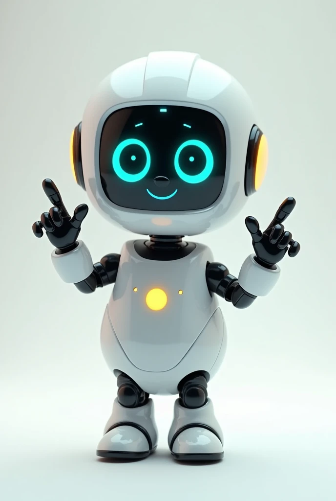 A friendly robot with a digital screen for a face, displaying an enthusiastic expression. The robot points his hands fingers to his right (our left). The background is blank.