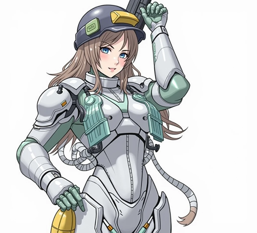 a drawing of a woman in a futuristic space suit holding a gun, (hair swept bangs:1.3), (long brown hair:1.3), female mecha, mechanized soldier girl, mecha, fully robotic!! girl, anime style, from girls frontline, fine details. girls frontline, girls frontline universe, girls frontline style, girls frontline, girls frontline cg, soft anime illustration, 2 0 2 2 anime style, 2022 anime style, pixiv contest winner, pretty anime character design, render of april