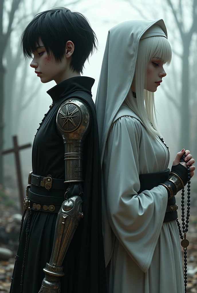 Two realistic pale twins, From the Middle Ages, back to back, the left with violet eye, short black hair, black alchemist robes with technology, cut on the face, steampunk left arm prosthesis, with pentagram and dagger, with a look of suffering, right with white nun clothes, long white hair, eyes closed holding a rosary, with an execution at the stake behind.