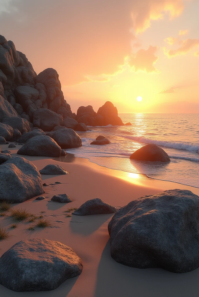(photorealism: 1.2), photorealistic of a beach with lots of rocks at sunset