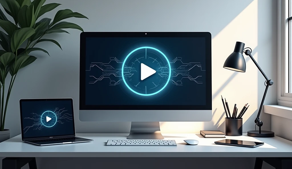 Tables: Include sleek, minimalist desks or tables in the foreground. The surfaces should be clean and organized, featuring a few high-tech gadgets like a laptop or a tablet.
Computer: Place a high-resolution monitor or computer on one of the tables. It should have a modern, clean design, possibly with a tech-themed wallpaper.
YouTube Play Button: Hang a large, eye-catching YouTube play button on the wall. It should be centered and well-lit to draw attention.
Decorative Touches: Add subtle elements that reflect a tech or content creation theme, such as a few tech books, a stylish desk lamp, or a plant for a touch of greenery.
Overall Ambiance: Aim for a sleek, professional look with a color scheme that blends cool tones and metallics. The lighting should be bright but soft, creating a welcoming and productive atmosphere.