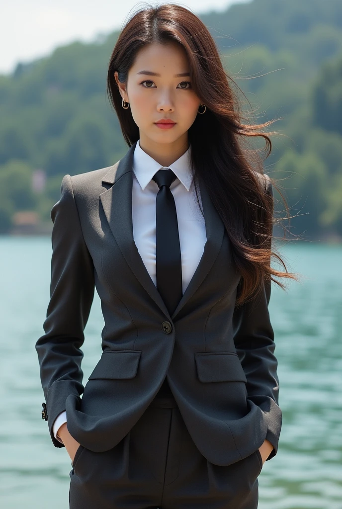 (1 girl), beautiful, Amazing face and eyes, cosmetic, (Extremely delicate beautiful face), (The sexiest look), (beautiful big breasts:1.1), (best quality:1.4), (Ultra Detailed), (Extremely detailed CG unified 8k wallpaper), Very detailed, original photo, Professional photography, ((Business suit)), (tight skirt), (Open collar business shirt), outdoor, ((Night Forest)), (Night Sky), Depth of Field, (View from below), tight blazer is worn on shirt of upper body, panties between bare legs are seen just a little thanks to skirt of lower body is too short, bare thighs, shirt under blazer is covering large breasts,