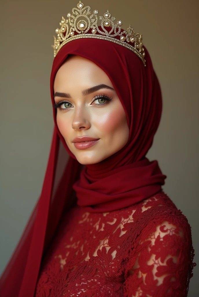 a woman wearing a minimalist red lace hijab, a minimalist red lace wedding dress, a minimalist gold crown, posing with a gorgeous expression, (best quality,4k,8k,highres,masterpiece:1.2),ultra-detailed,(realistic,photorealistic,photo-realistic:1.37),highly detailed face, beautiful detailed eyes, beautiful detailed lips, extremely detailed eyes and face, long eyelashes, intricate details, tight dress, large breasts, minimalist design, elegant, romantic, soft lighting, warm color tones