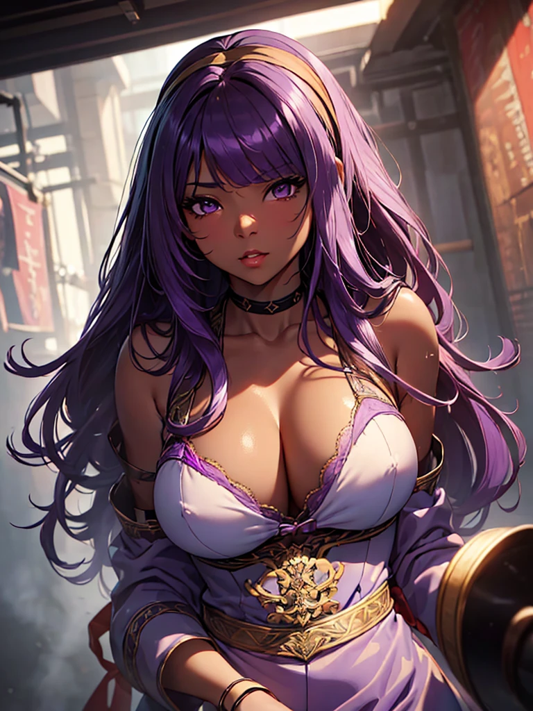 (​masterpiece、top-quality、hight resolution、Unity 8k、extremely details CG:1,Best Picture), (((purple ribbon, purple hair band))), black hair, (((dark skin)))A seductive woman with voluptuous curves, wearing revealing lingerie, heavy makeup with bold red lipstick, smoky eye shadow, and perfectly styled hair. She is posing provocatively in a glamorous setting, with a confident and alluring expression, suggestive body language, and a sultry gaze directly into the camera. The overall atmosphere is steamy and intense, emphasizing her sensuality and sexual allure.