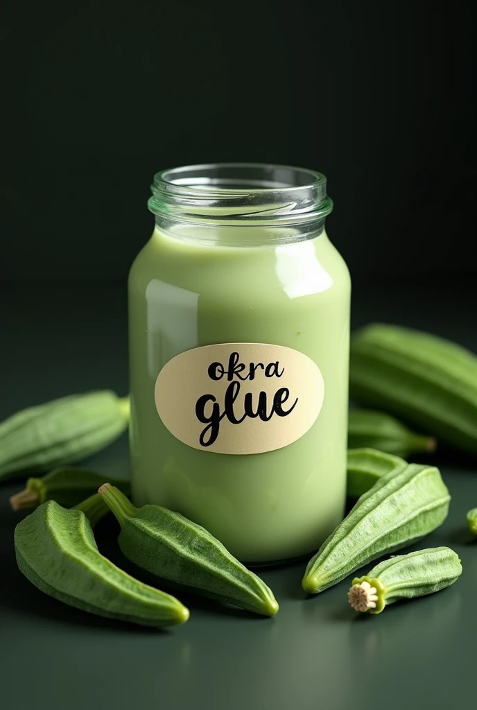 Create an image of Okra Glue in a glass jar with okra on the side and a letter in the middle that says okra GLUE and black background