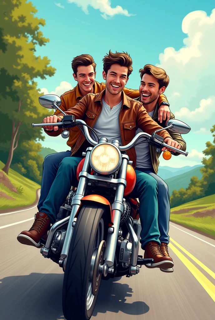 motor bike drawing 3 male friends sitting in motorcycle illustration