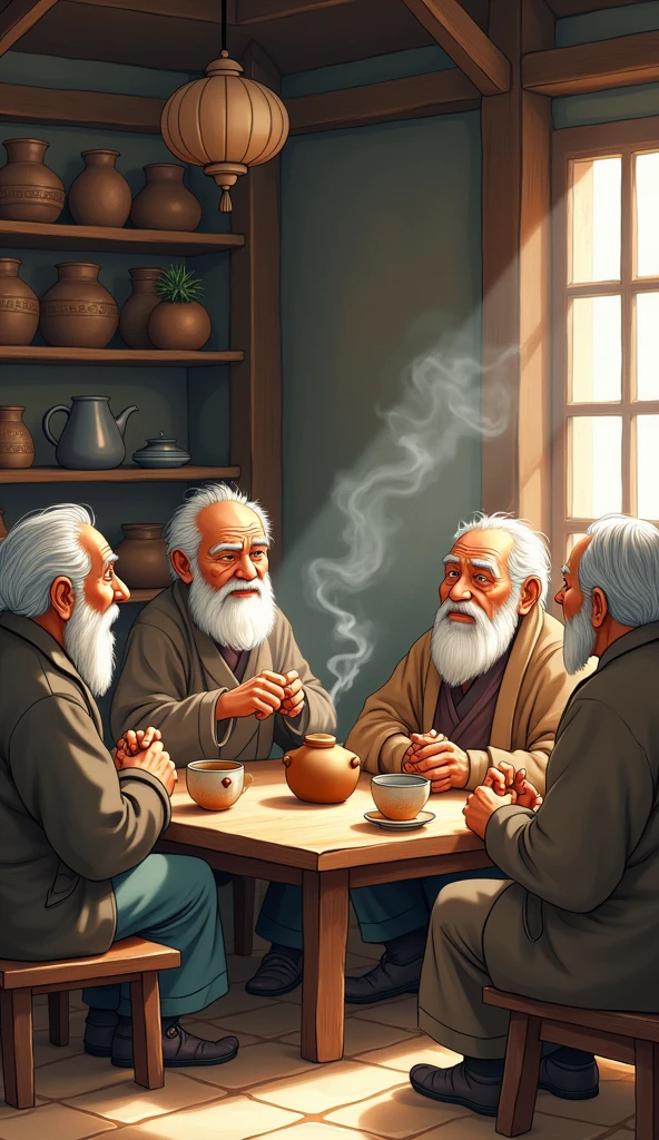 Villagers see old main and talk about honesty and struggle and older villagers man they sit on tea shop and taking to each other cartoon 