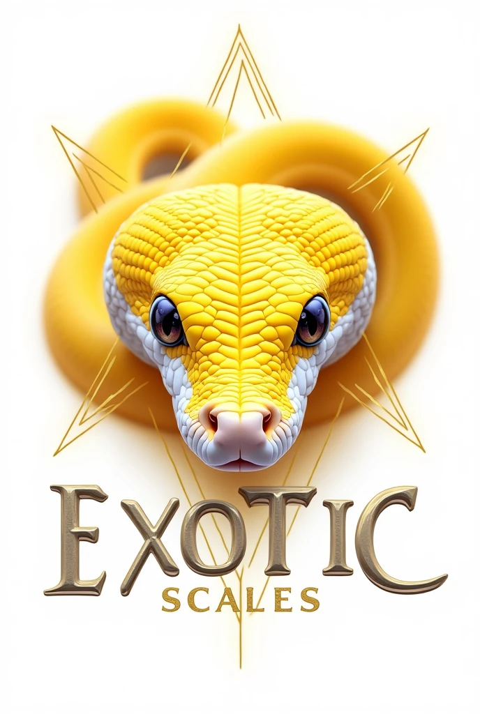Create a white background logo for a snake farm using the real face of a yellow and white python with the basic elements of a python&#39;s face looking at the horizon, The logo must have bright colors and an allusion to Freemasonry. The python snake must be characteristic and below the logo put the name. " Exotic scales" Keep symmetry and variation of elements for an attractive logo 