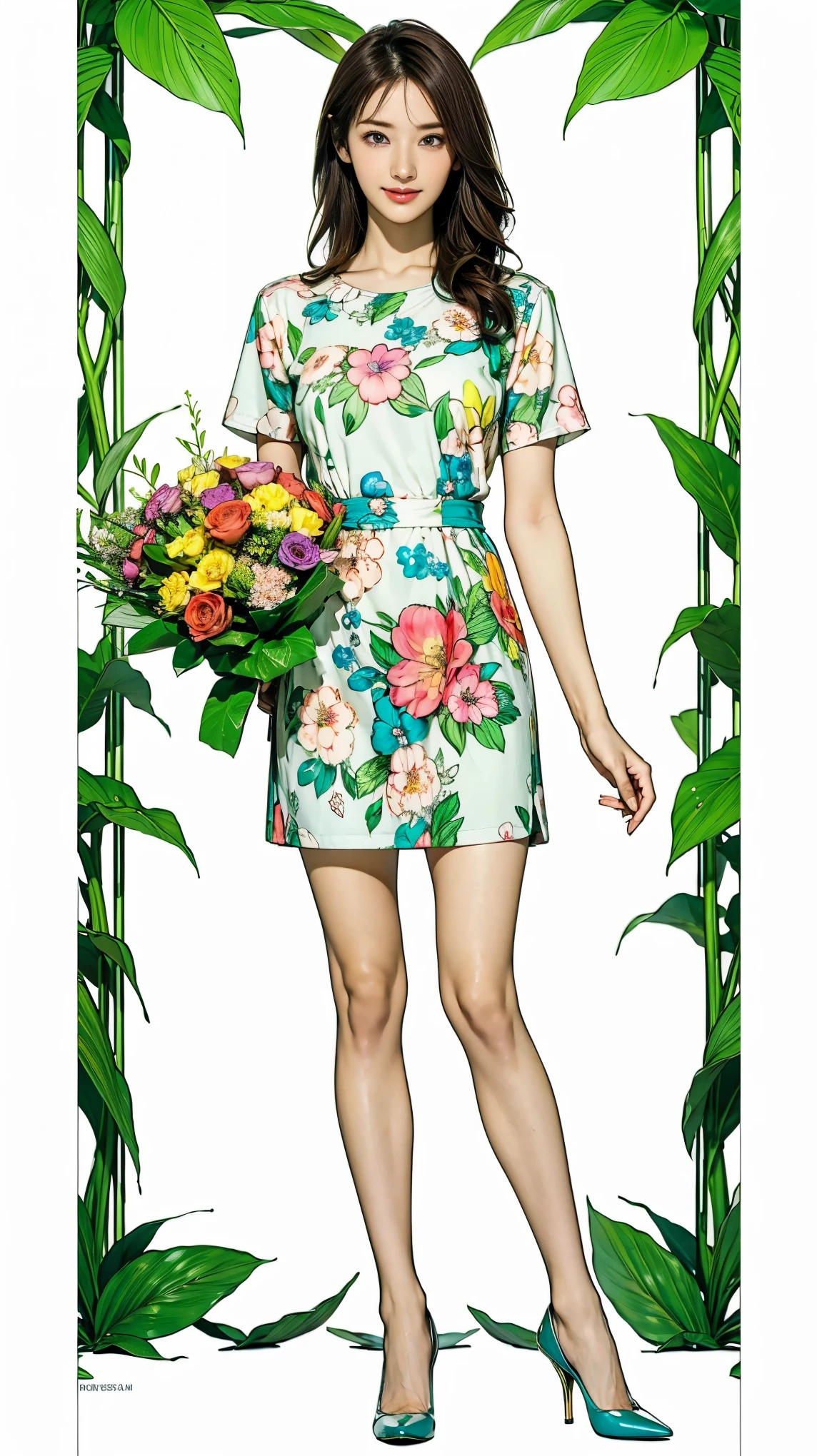 ((masterpiece)),(((Highest quality))),Character design sheet:1.5,Long legs,Slender figure:1.5,whole body:1.5,(One Girl:1.3),(Viewer Display:1.4),The best smile:1.5,(Pointy high heels:1.3),(Stand with legs apart:1.2),(Wearing a floral and plant print mini dress:1.2), Curly Hair:1.5,High waist:1.5,Holding a bouquet in both hands:1.5,