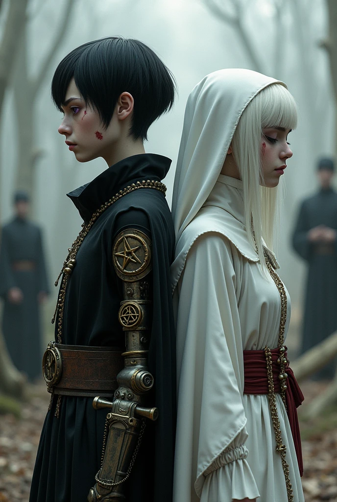 Two realistic pale twins, From the Middle Ages, back to back, the left with violet eye, short black hair, black alchemist robes with technology, cut on the face, steampunk left arm prosthesis, with pentagram and dagger, with a look of suffering, right with white nun clothes, long white hair, eyes closed holding a rosary, with an execution at the stake behind.
