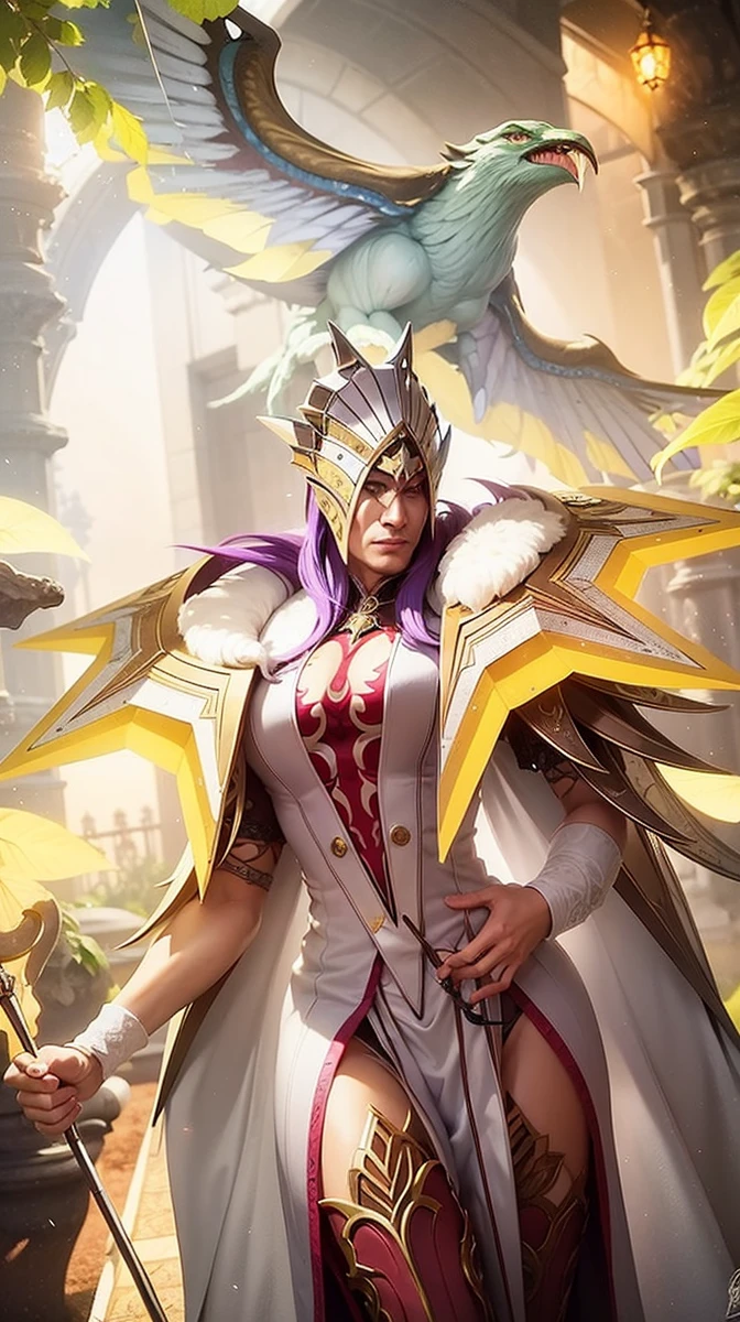 a close up of a person in a purple and green outfit, Masterpiece, ultra HD, detailed all picture, a close up of a devil, dyrroth from mobile legend, evil, extremely detailed artgerm, mobile legends character, inspired by Dyrroth, Six pack chest and abs, black jewel above the chest, light green eyes, glare.