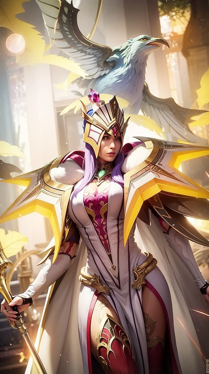 a close up of a person in a purple and green outfit, Masterpiece, ultra HD, detailed all picture, a close up of a devil, dyrroth from mobile legend, evil, extremely detailed artgerm, mobile legends character, inspired by Dyrroth, Six pack chest and abs, black jewel above the chest, light green eyes, glare.