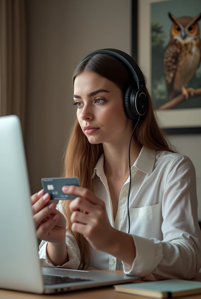 A young European woman is sitting at the table, There is a headset on the headset. holding a bank card in his hand. There is a laptop on the table. In the background is a painting of an owl. Home environment. Profile photo