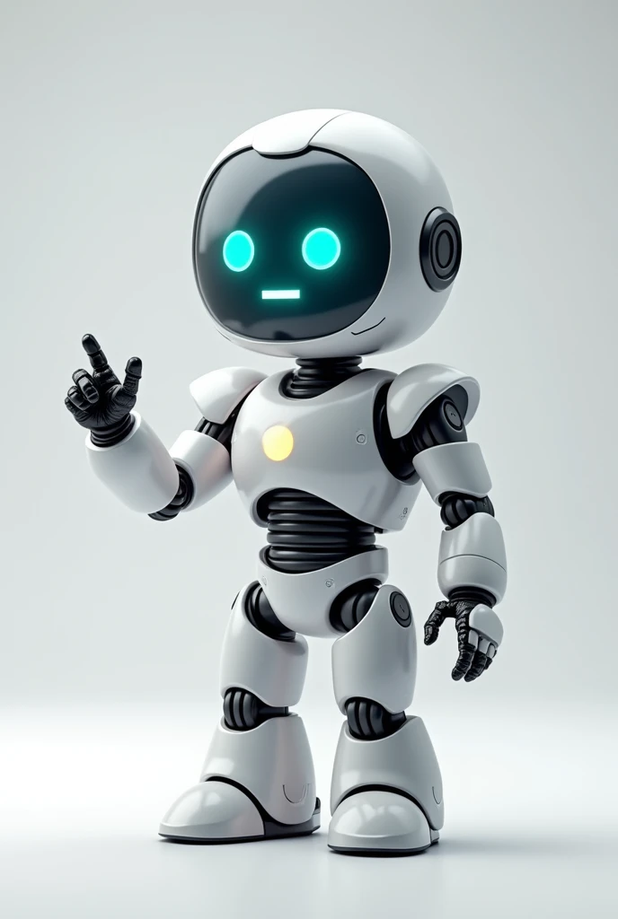 A friendly robot with a digital screen for a face, displaying an enthusiastic expression. The robot points his hands fingers to left. The background is blank.
