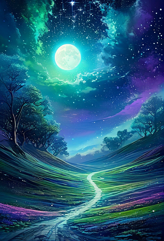 The moon is surrounded by many, many glowing stars. The starry sky is twinkling and the light trails are even brighter. Surreal scene. Beautiful stunning composition. Subtle shadows and highlights. Dark blues, light blues and greens, and purple tones. More color layers. Transformation Mystery Vibrant Tones Action Painting Highly Detailed HD Cinematic Close-Up Magical Fantasy Gorgeous Digital Art