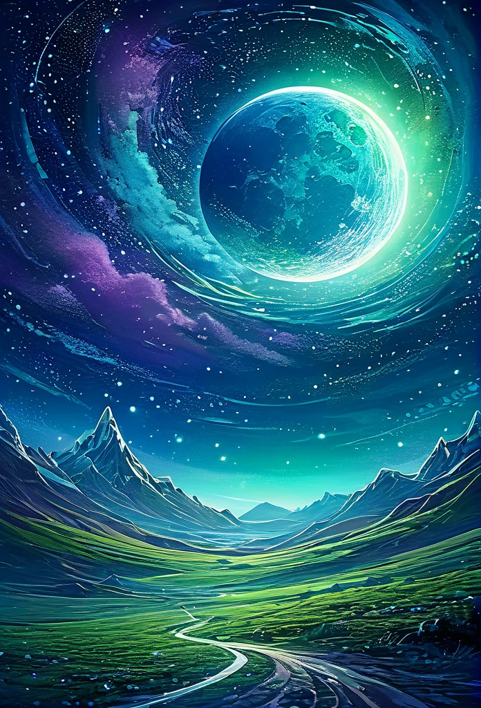 The moon is surrounded by many, many glowing stars. The starry sky is twinkling and the light trails are even brighter. Surreal scene. Beautiful stunning composition. Subtle shadows and highlights. Dark blues, light blues and greens, and purple tones. More color layers. Transformation Mystery Vibrant Tones Action Painting Highly Detailed HD Cinematic Close-Up Magical Fantasy Gorgeous Digital Art