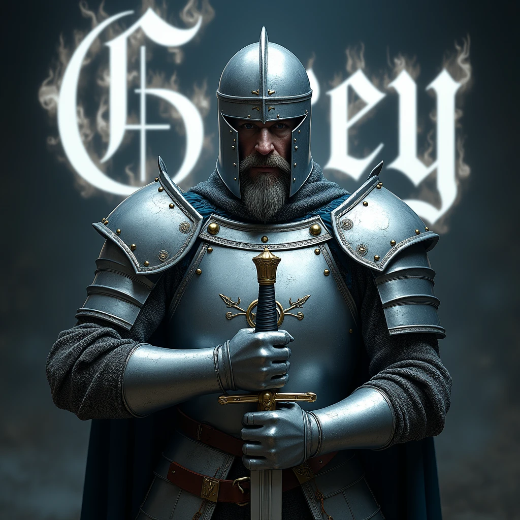 A realistic photograph of a male Templar warrior of English descent, wearing elaborate, shiny silver armor and an intimidating helmet. He grips a sword with determination, as vibrant grey glows flicker around him, enhancing his fierce pose. The name "Grey" is displayed prominently in gothic letters behind him, illuminated by the grey glows.